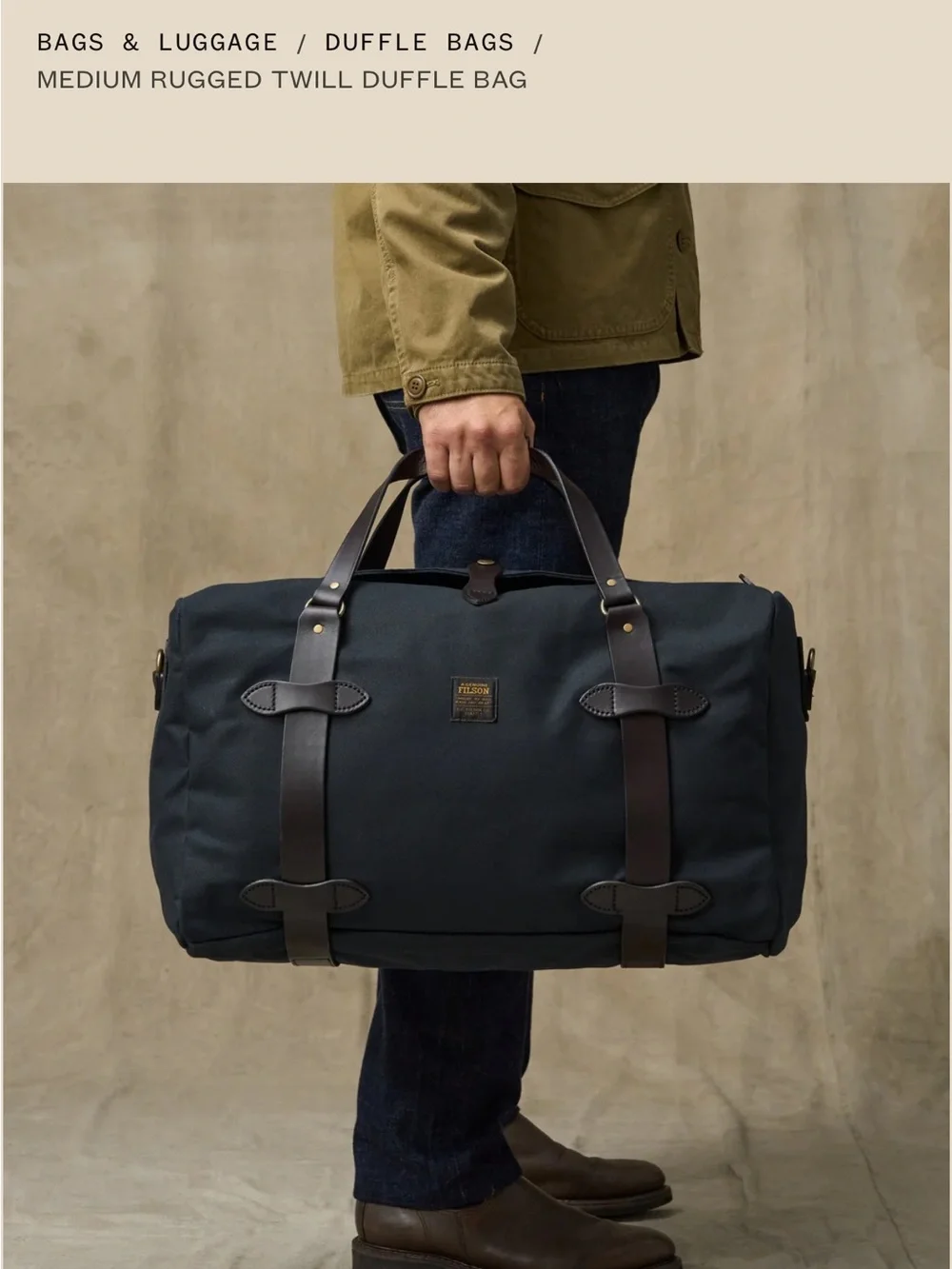 Rugged Twill Duffel Bag — Navy with Brown Leather Trim